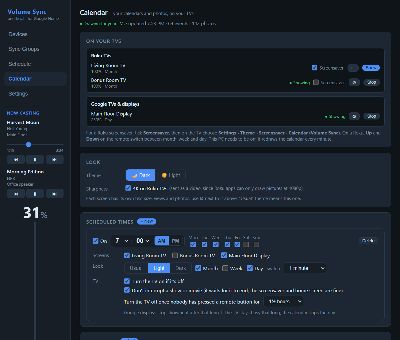 Calendar page with TVs, per-screen settings, theme, a morning schedule and calendar feeds