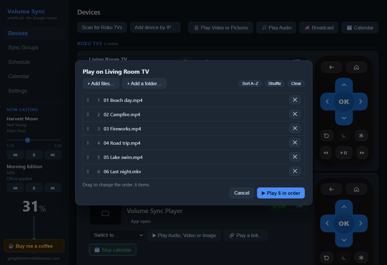 Play queue with six videos in order, ready to play on the Living Room TV