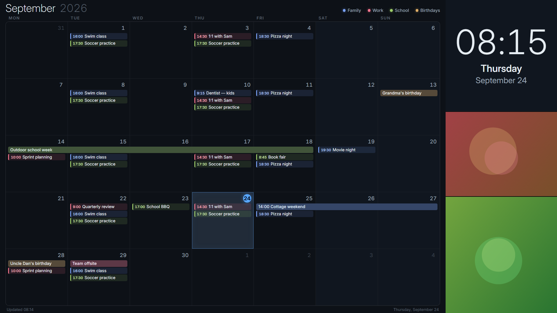 Month calendar in dark mode on a TV with colored events, a big clock and family photos